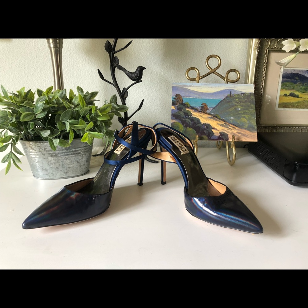 Badgley Mischka navy satin and patent stilettos